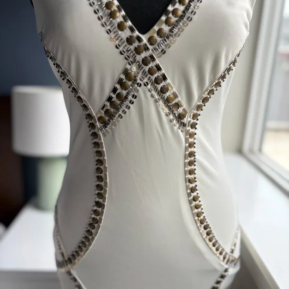 Bebe Cream Bodycon Sleeveless Mini Dress with Gold Studs & Sequins - Sexy Party - Picture 5 of 16